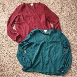 J.Crew Burgundy and Green V-Neck Blouses